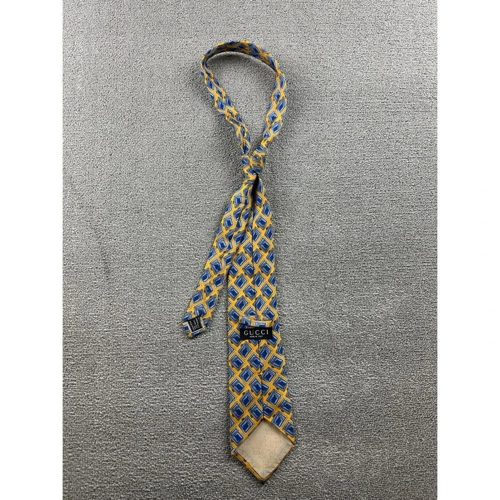 Vintage Gucci Tie Men Yellow Blue Geometric Diamond 100% Silk Italy Made Preppy‎
